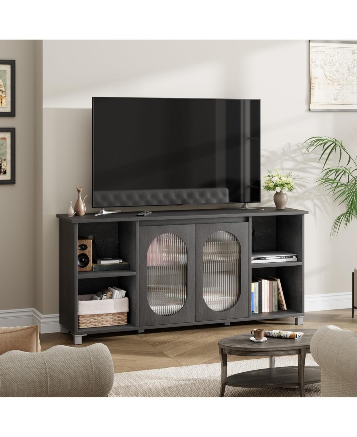 Gaomon Modern Open Rainbow Glass Tv Cabinet Stand for 60/65/70 Inch Tv, Media Console Cabinet with 2 Corrugated Glass Doors - black