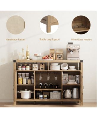 Farmhouse Wine Bar Cabinate 52 Inch Rattan Coffee Bar with Adjustable Storage Shleves with Wine Racks for Dining Room