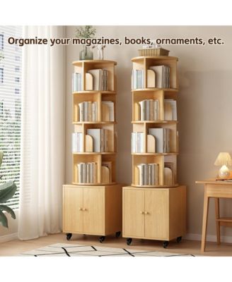 360° Rotating Bookshelf Tower, 5 Tier Wooden Display Bookcase with Wheels and Double Door Storage Cabinet
