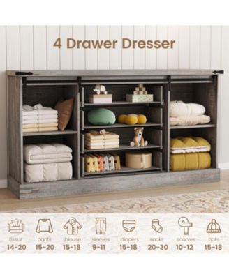 Farmhouse 4 Drawer Dresser for Bedroom, 59" Wood Dressers with Sliding Barn Doors, TV Stand with Large Drawers & Bar Handles