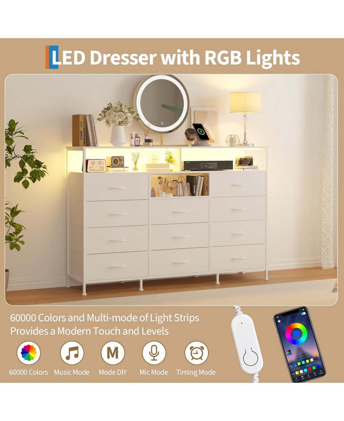 gaomon Dresser for Bedroom with 11 Drawers Featuring Led Light and Power Outlet