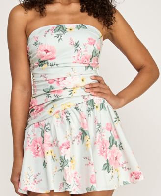 Juniors' Strapless Printed Poplin Dress