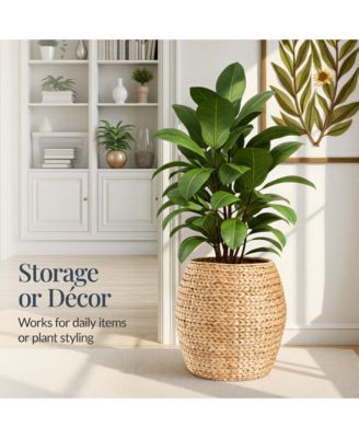 Scalloped Water Hyacinth Storage Tote Basket with Lid