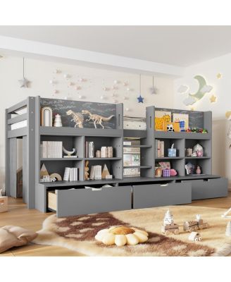 Twin XL Loft Bed w/ Multi-Storage Shelves, Curtain & Chalkboard