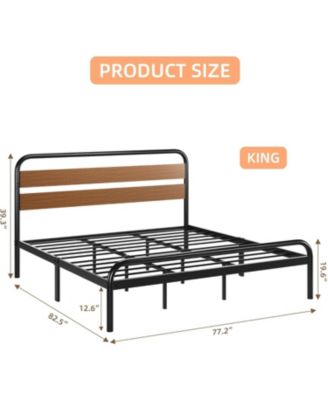 King Bed Frame with Wood Headboard, Mid-Century Modern Bed Frame, Metal Platform Bed Frame/No Box Spring Needed/Noise-Free