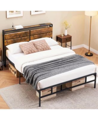 Queen Bed Frame with Storage headboard Metal Platform Bed Frame Queen Size Bed Frame with Rustic Vintage Wood