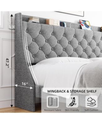 King Size Platform Bed Frame with Storage Headboard & USB Charging Station | Button Tufted Upholstery, Noise-Free Design