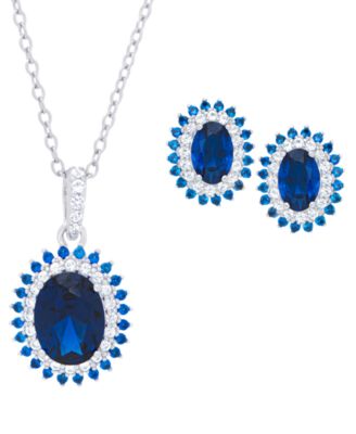 2-Pc. Lab Grown Blue Sapphire and Lab Grown White Sapphire (3.36 ct. t.w.) Halo Oval Pendant Necklace and Stud Earrings Set in Sterling Silver