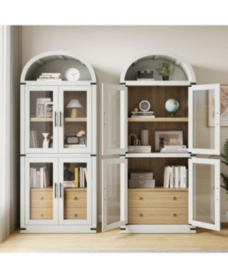 Arched Bookshelf with Doors Farmhouse Bookcase 15.83 in Depth Display Storage Shelves 71.4 in Tall Wooden Display Cabinet Rounded Bookcases for