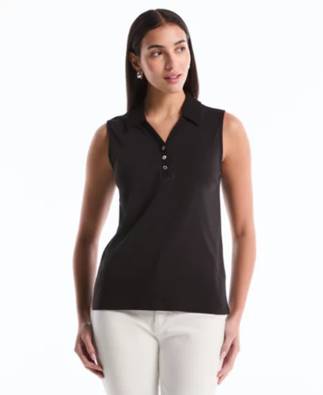 Petite Sleeveless Polo Top - Black