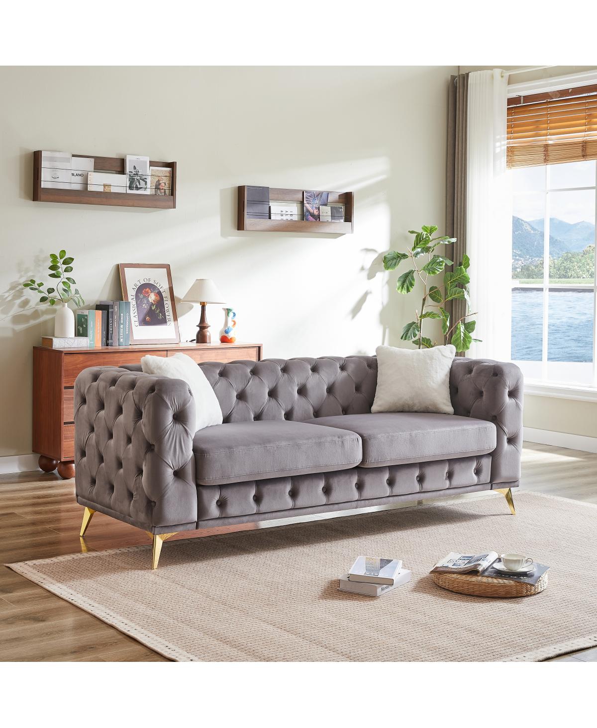 Streamdale Furniture 82.5" Deluxe Velvet Sofa with Tufted Buttons, 2 Pillows & Metal Feet