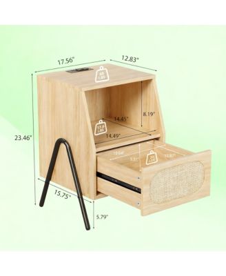 Rattan Nightstand with Charging Station and Storage