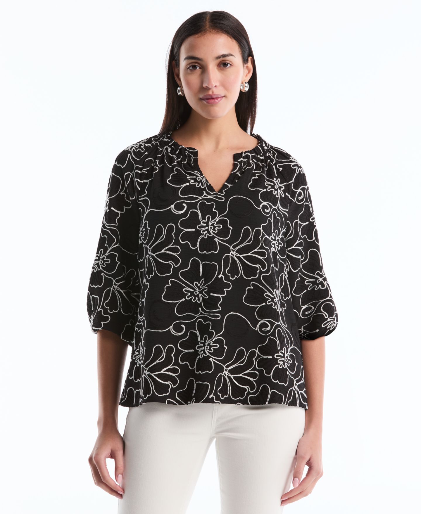 Женская блузка Rafaella Petite Floral Embroidered 3/4-Sleeve, цвет: Чёрный — фото 3