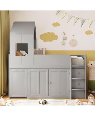 Twin Size Wooden Loft Bed with Desk, Drawers,Cabinets