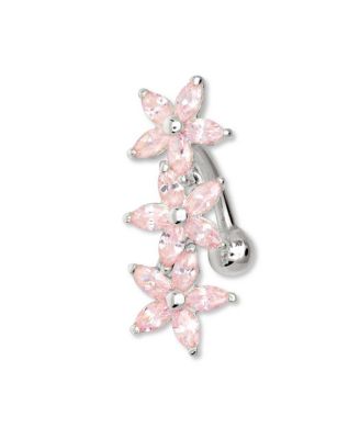 Solid 14k Gold Pink Marquise Cubic Zirconia Flower Top Mount Belly Button Ring Dangle Body Piercing Ring