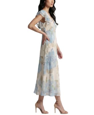 Women's Ruffle-Sleeve Floral V-Neck Dress