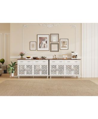 Vintage Sideboard Buffet Cabinet with Hand-Carved Doors & 4 Doors