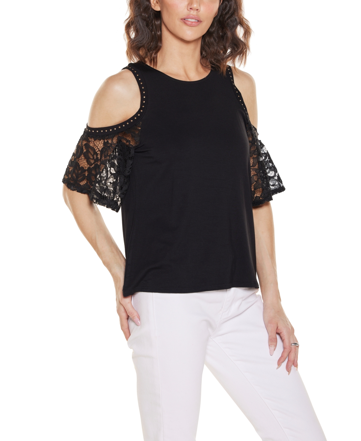 Belldini Women's Crochet Lace Cold Shoulder Top