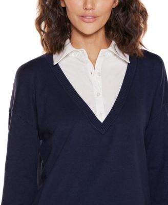 Women's Woven Collar Twofer Sweater