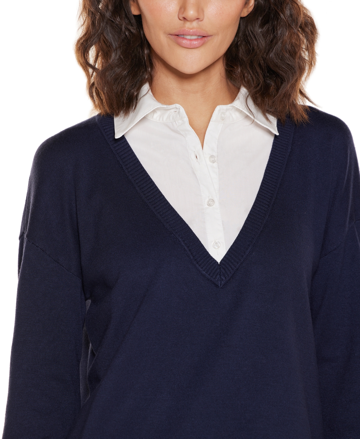 Belldini Women's Woven Collar Twofer Sweater