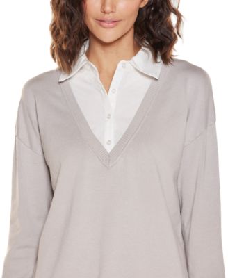 Women's Woven Collar Twofer Sweater