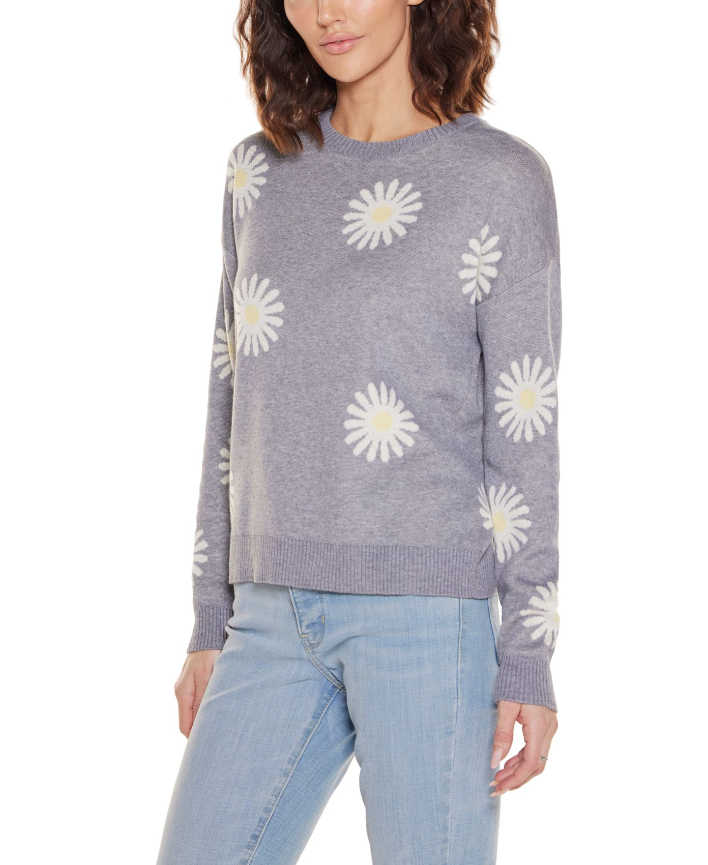 Женский свитер Belldini Jacquard Flower Crew Neck, цвет: Меланжевый серый — фото 2