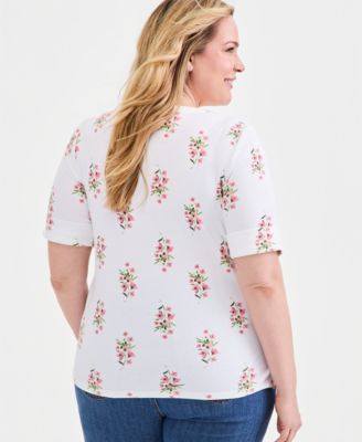 Plus Size Printed Boat-Neck Elbow Sleeve Cotton Top
