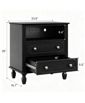 Wood Grain Nightstand with Charging Hub - 26" Tall, 2 Drawers, Open Shelf