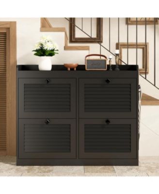 Black Large Rattan Narrow Shoe Cabinet - 4 Flip Drawers Freestanding with Wooden Legs