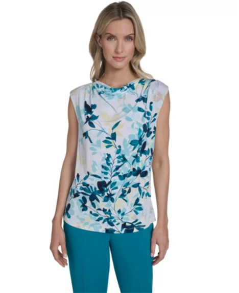 Petite Cowl Neck Sleeveless Top - White Multi