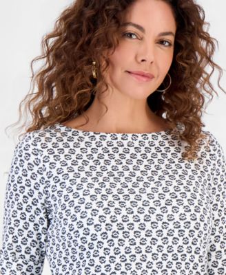 Women's Printed Boat-Neck Elbow-Sleeve Top