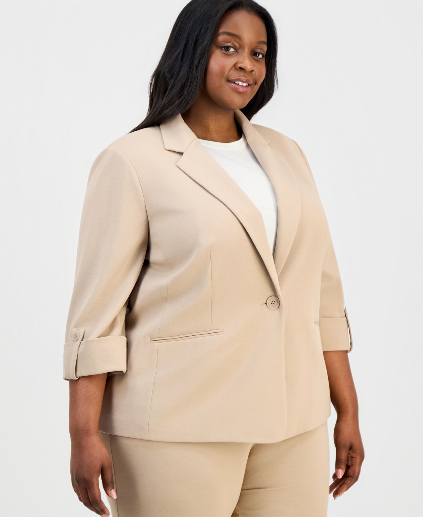 Женские комплекты Anne Klein Essentials Plus Size 3/4-Sleeve One-Button Jacket & Straight-Leg Pull-On Pants, цвет: Чёрный — фото 2