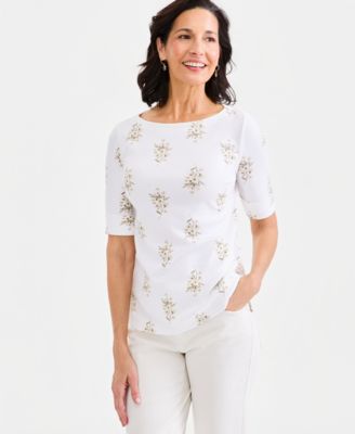 Women's Printed Boat-Neck Elbow-Sleeve Top
