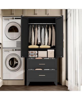 Streamdale 71" Black Metal Wardrobe Cabinet with 2 Drawers, Hanging Rod & Shelf
