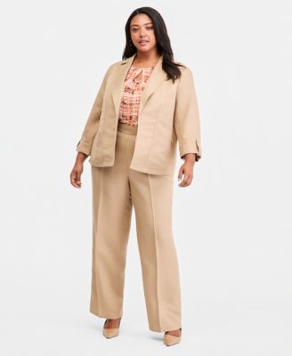 Plus Size Linen Open-Front Seamed Roll-Tab-Sleeve Jacket and Linen High-Rise Press-Pleat Wide-Leg Pants 