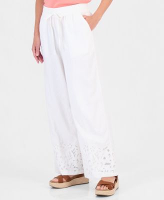 Women's Embroidery Linen Blend Pull-On Pants