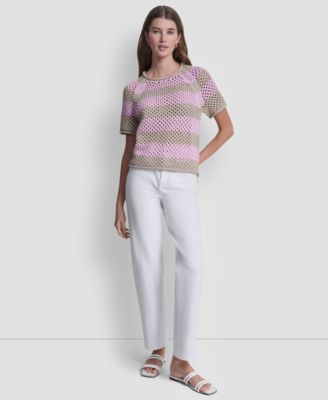 Women's Short-Sleeve Raglan Stripe Pointelle Pull-On Sweater