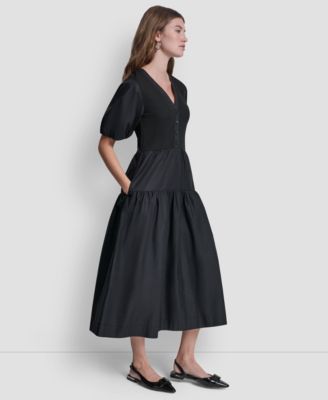 Women's Rib Henley Puff-Sleeve Midi Dress