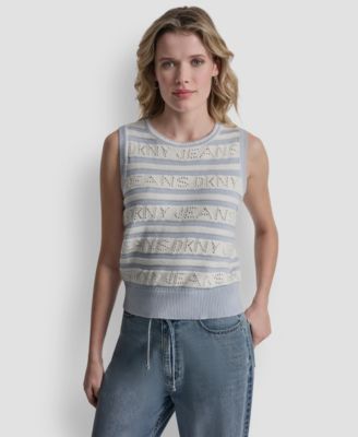 Women's Sleeveless Logo Pointelle Striped Sweater