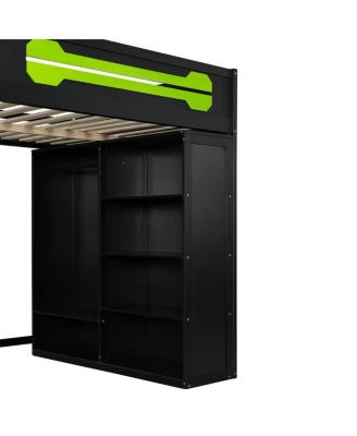 Full Size Wood Loft Bed with Desk, Open Wardrobe and RGB Light