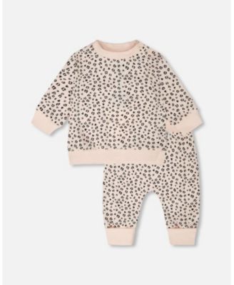 Baby Girls Peach Animal Print Cotton Jersey Sweater and Pants Set