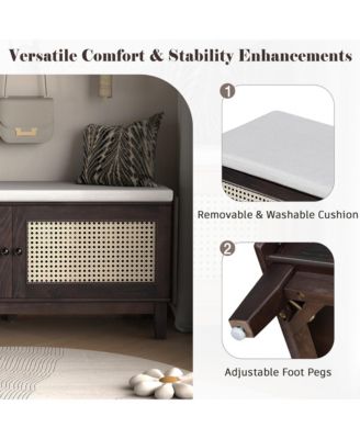 Rattan Shoe Storage Bench, Wooden Shoe Organizer with Cushion, 2 Doors, 2-Tier Shoe Rack and Adjustable Shelves for Entryway, Hallway