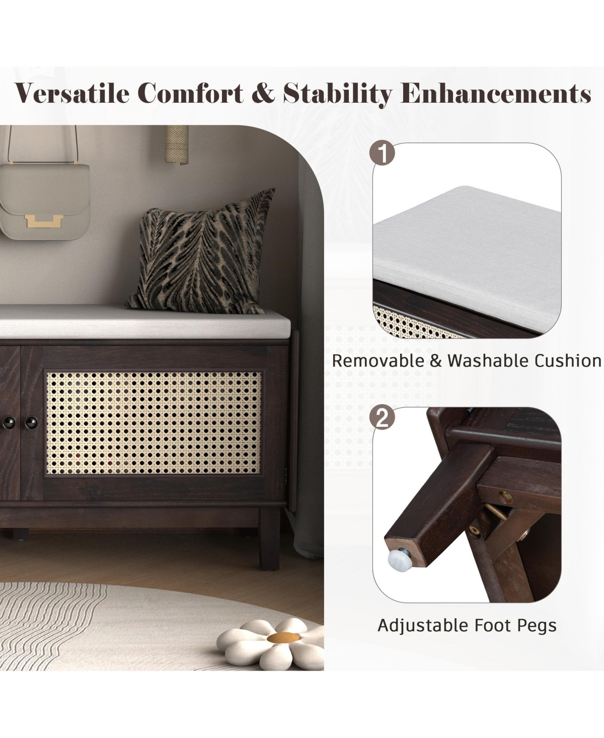 Rainsken Rattan Shoe Storage Bench, Wooden Shoe Organizer with Cushion, 2 Doors, 2-Tier Shoe Rack and Adjustable Shelves for Entryway, Hallway