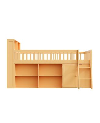 Full Size Loft Bed with Storage, Headboard with LED Light, Natural