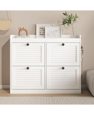 Large Shoe Storage Cabinet with 4 Flip Drawers – Narrow Freestanding Shoe Rack with Wooden Legs, Hidden Shoe Organizer