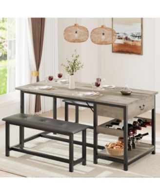 Dining Table Set for 4 Kitchen Dining Table Set with Upholstered Benches, Storage Drawers and Wine Rack
