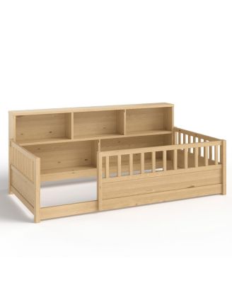 Wood Floor Bed with Fence Guardrail & Side Storage
