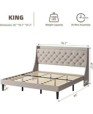 Size Bed Frame with Upholstered Wingback Headboard, Luxurious Linen Upholstery Platform Bed with Charging Station, Button Tufted Design