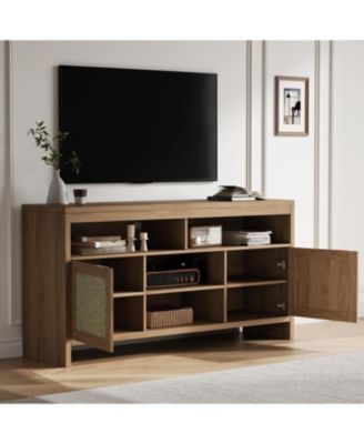 Rattan TV Stand with Storage Place for Living Room, Brown TV Console Cabinet with Shelf, for 45/55/65 in TV, Wood