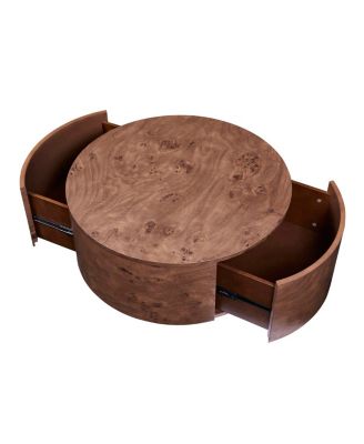  Burl Wood Rotating Coffee Table with 2 Drawers, 360° Rotating Top, Walnut, 28.4"